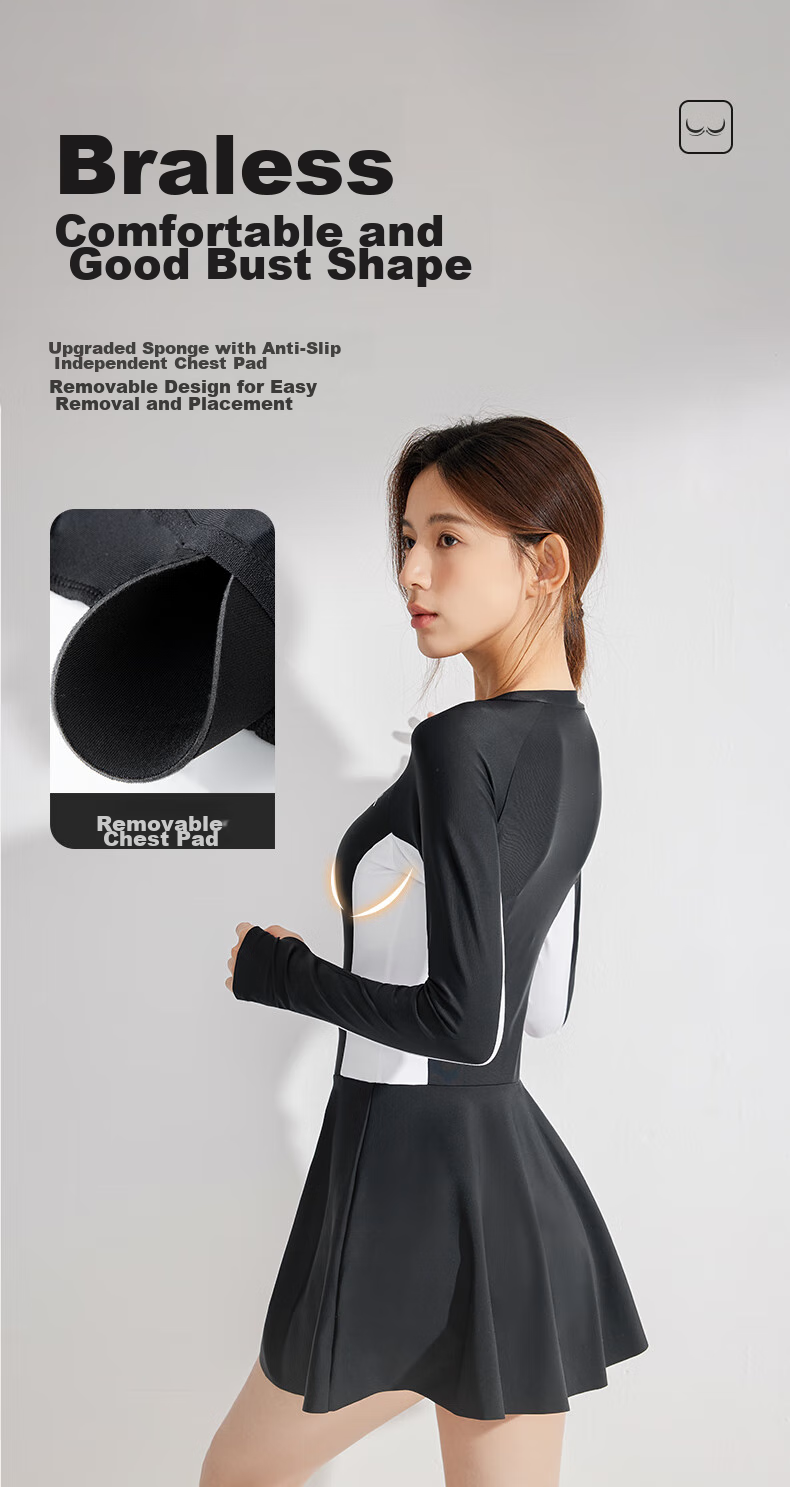 Keep Women's Long-Sleeve Professional One-Piece Swimsuit, Plus Size, Conservative Swimwear for Hot Springs, Soft Black-Gray, XXL 4