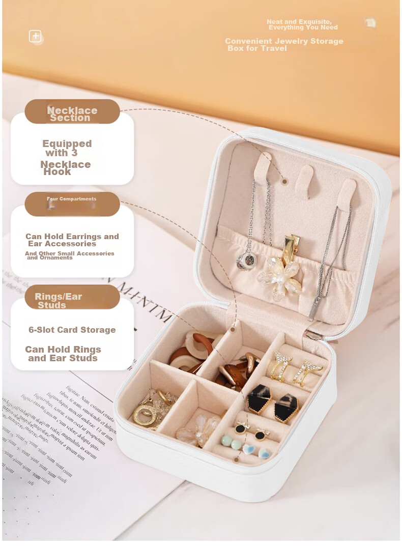 Jinghuisichuang Jewelry Storage Box, Portable Earring Hoop Necklace Ring Jewelry Organizer, PU Leather White 4