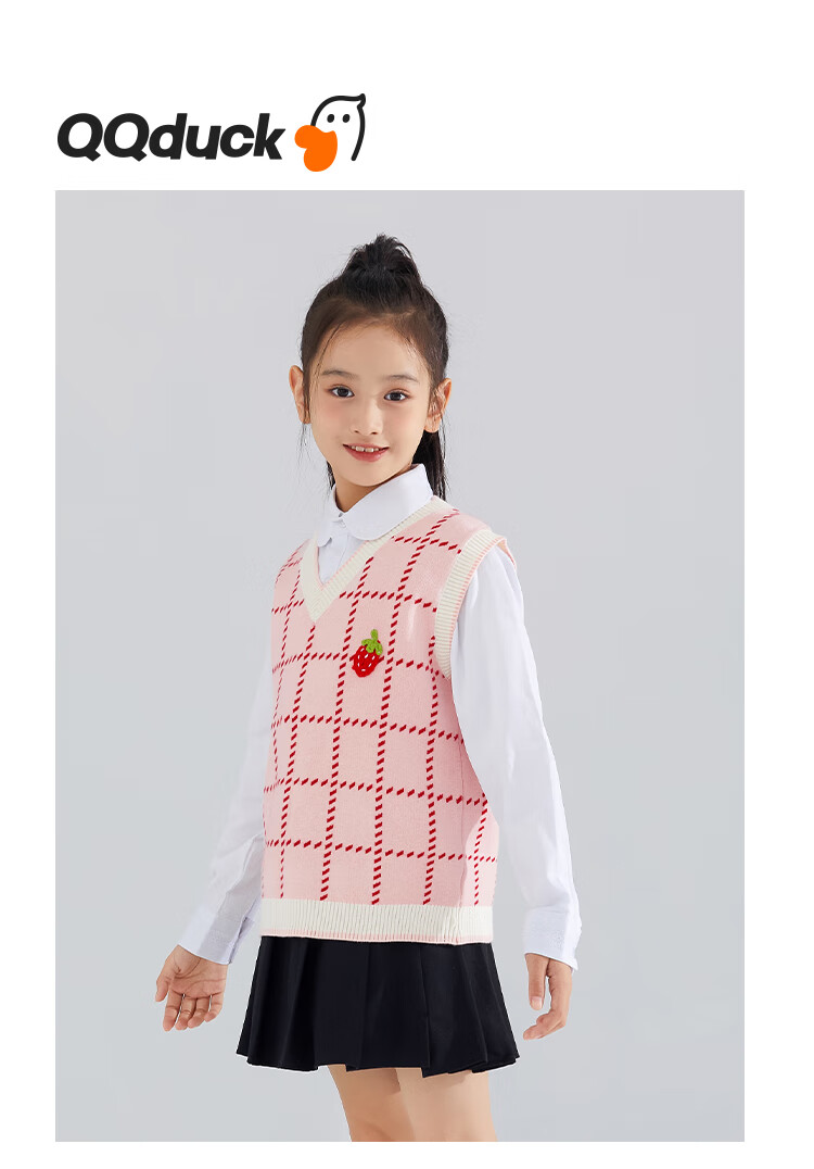 QQ DUCK Children's Clothing, Girls' Sweater Vest, Big Kids' Waistcoat, Knitted Sweater, Strawberry Plaid, Pink; 120 1