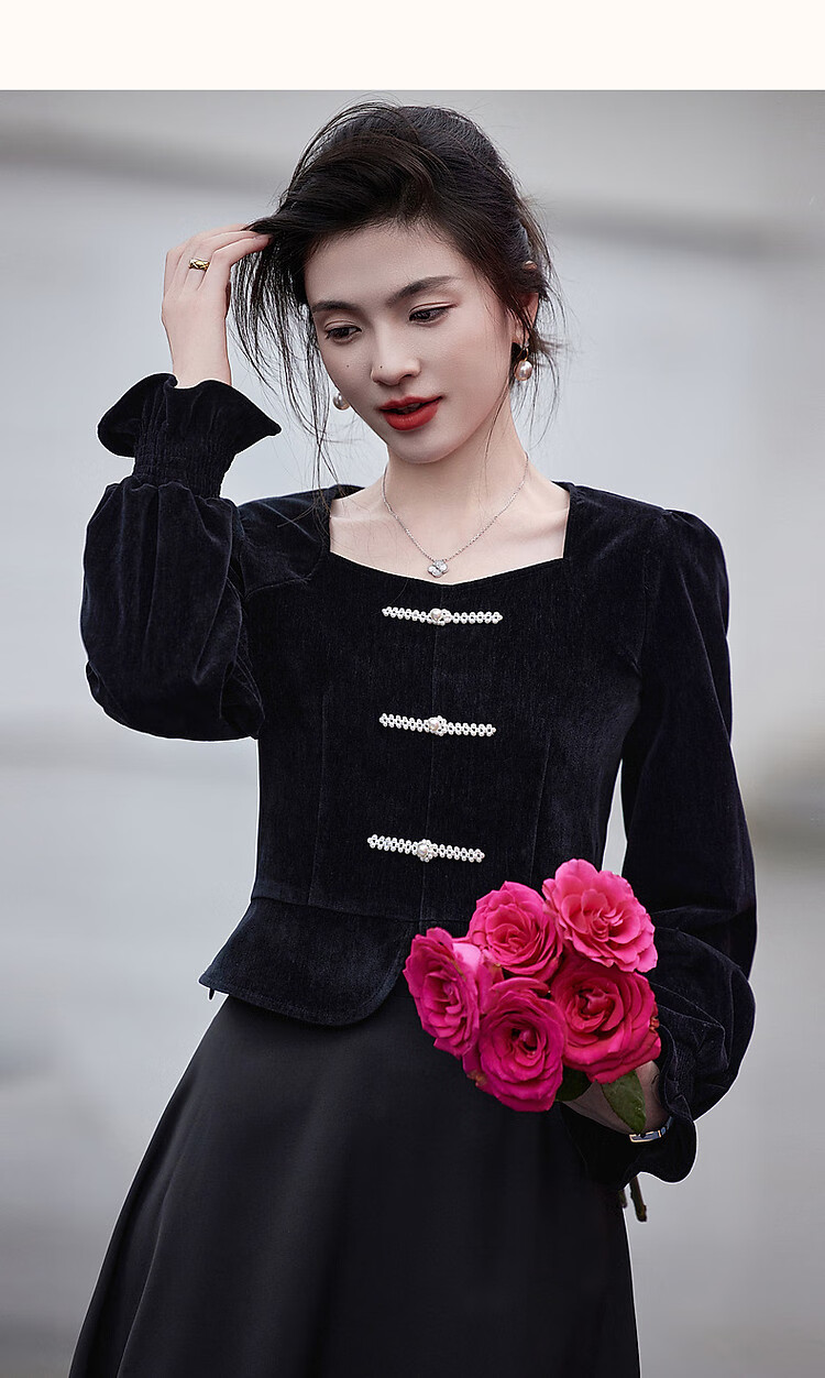 Dme [Xuoxing Wan Yue] Spring And Autumn Style New Chinese-Style Square Collar Shirt with Pearl Buttons, Velvet Blouse Women's Top 13