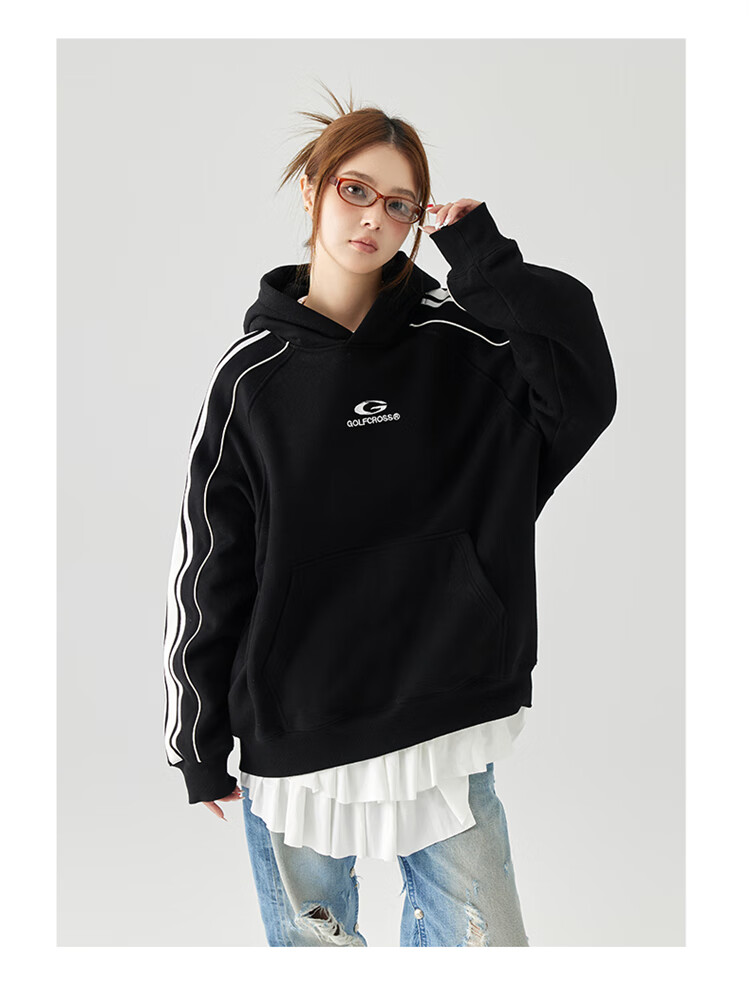 GOLFCROSS Couple's Retro Academic Style Striped Patchwork Color-Block Letter Embroidery Hoodie, Black, XXXL 10