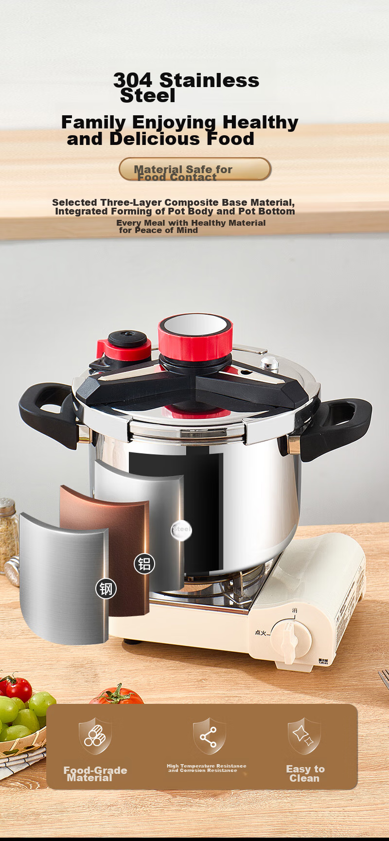 OLOFE Pressure Cooker, Gas And Induction Compatible, 304 Stainless Steel, 8L, Baoshikang European Style Explosion-Proof, Deep Single-Handed Opening And Closing Pressure Cooker 7
