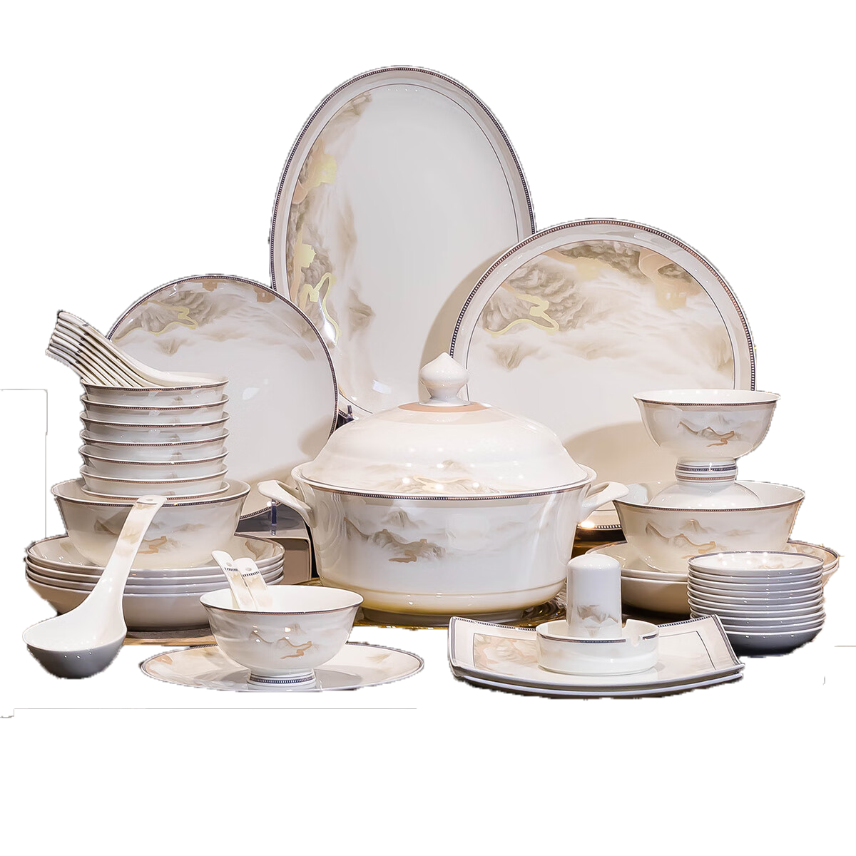 Haoya 82-Piece Bowl And Plate Set, Chinese-Style Jingdezhen Porcelain Dinnerware Set for Home Use, Housewarming Gift, "Jiangshan Ruhua" Desig