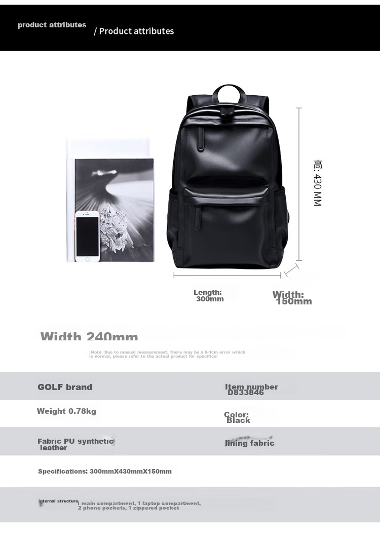 GOLF Men's Backpack, 14-Inch Laptop Bag, Soft Leather Travel Bag for Business Trips, Water-Resistant Casual Student Schoolbag 13