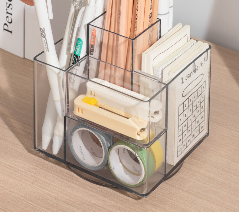 Deli Creative Rotating Pen Holder Simple Multifunctional Large Capacity Desk Organizer Storage Box Transparent PK200 2