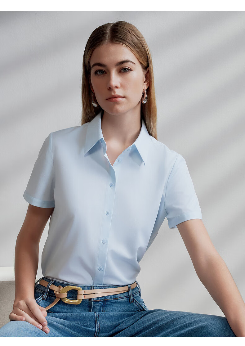 G2000 Modal Stretch Women's Short Sleeve Shirt with Bow Gift Spring Summer Mall Edition Ice Blue Size 38 7