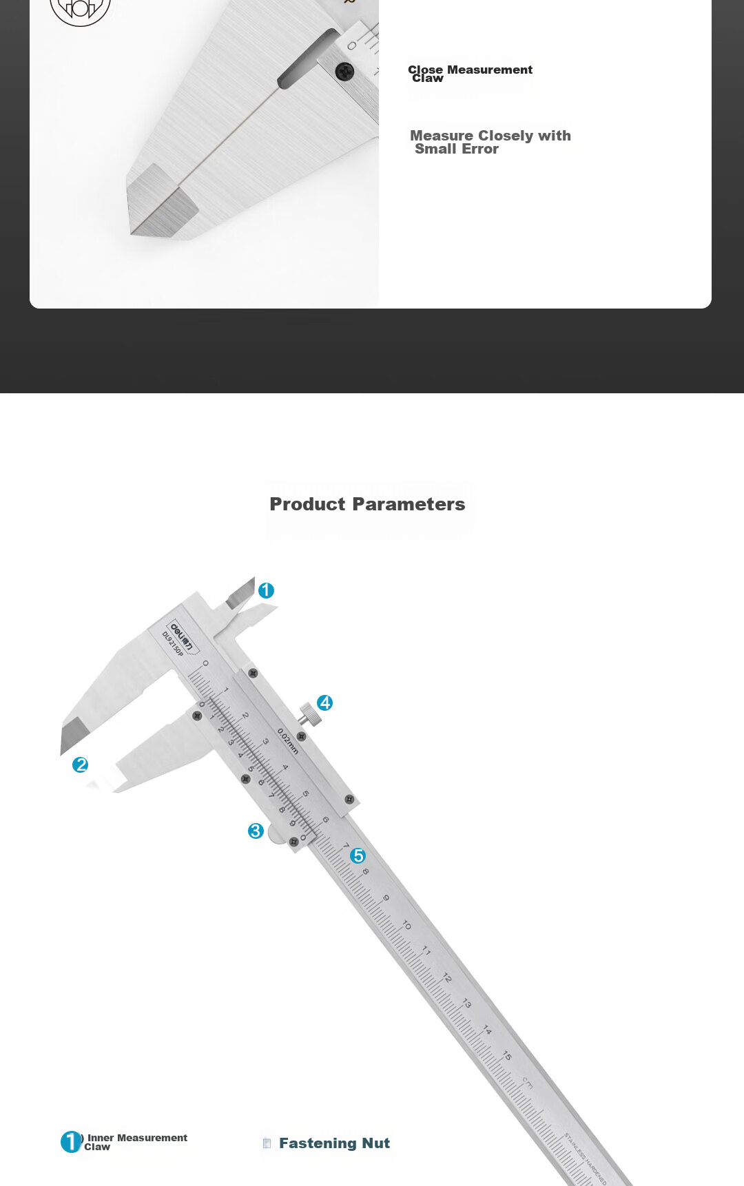 Deli Professional Precision Vernier Caliper High Accuracy Stainless Steel Mechanical Caliper 0-200mm Compliant with National Standards 13