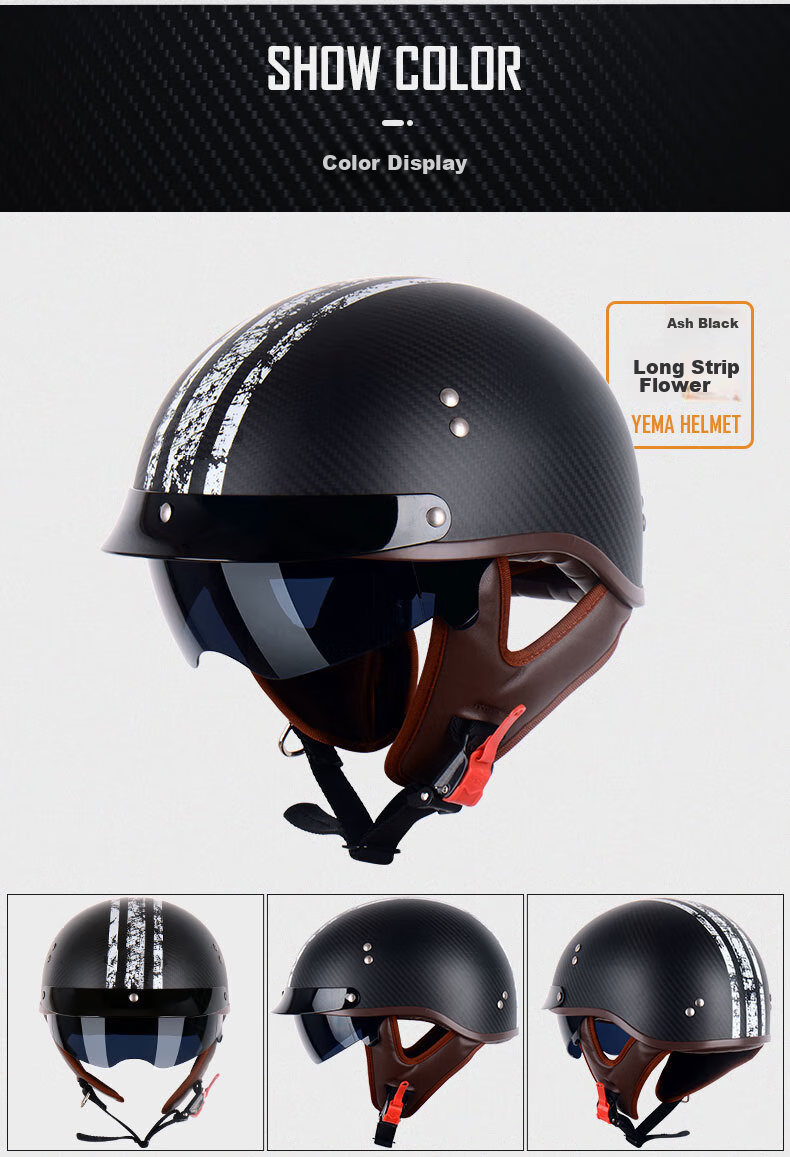 YEMA 636S Carbon Fiber Electric Motorcycle Helmet, Stylish Lightweight Half Helmet for Men And Women, Retro Motorcycle Safety Helmet, Suitable for All Seasons, XL Size, Matte Long Strip Flower Patter 12