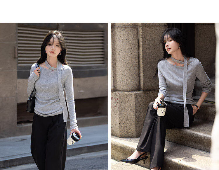 Mt [Hanfan Geleixi] Winter Style, Elegant Simple Ribbon Neckline Long-Sleeve Pullover Sweater 5