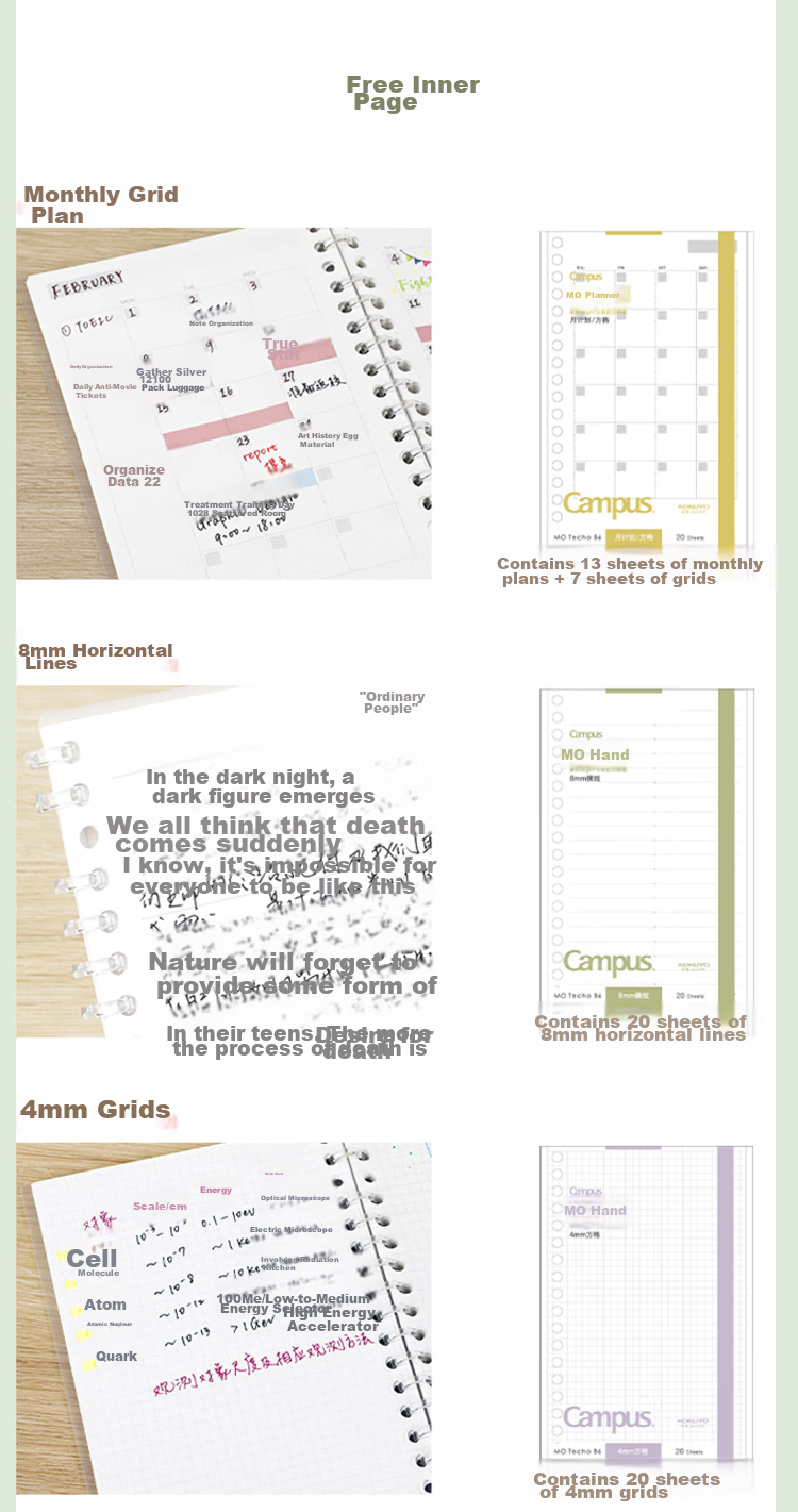 KOKUYO Campus MO Loose-Leaf Planner Notebook Refill Pages, 20 Sheets Monthly Planner Grid, WCN-CDTAR04 5