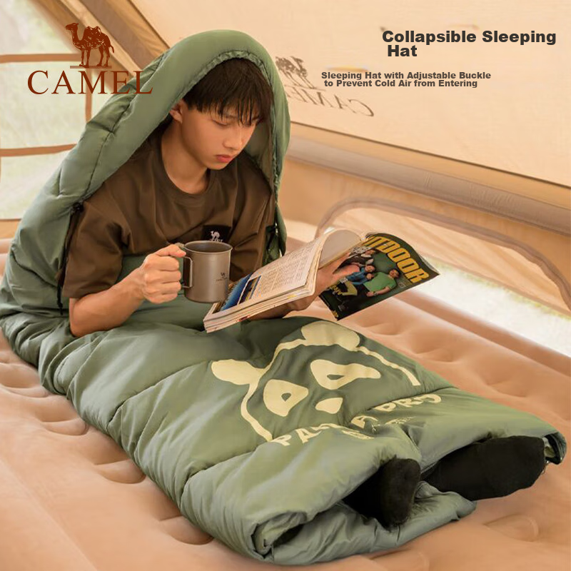 CAMEL [Panda Co-Branded Edition] Outdoor Camping Sleeping Bag, Portable, Thickened, Winter Cold-Resistant, Silver-Green, 1.8KG, Right Side