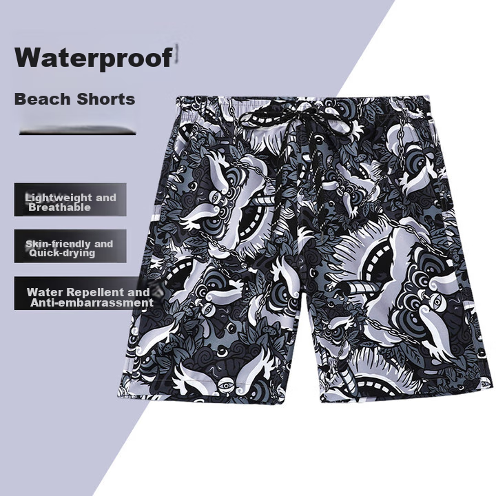 F.DYRAA Men's Beach Shorts Summer Loose Casual Swim Trunks Two-Piece Set 84006 Gray Black Lion Dance L