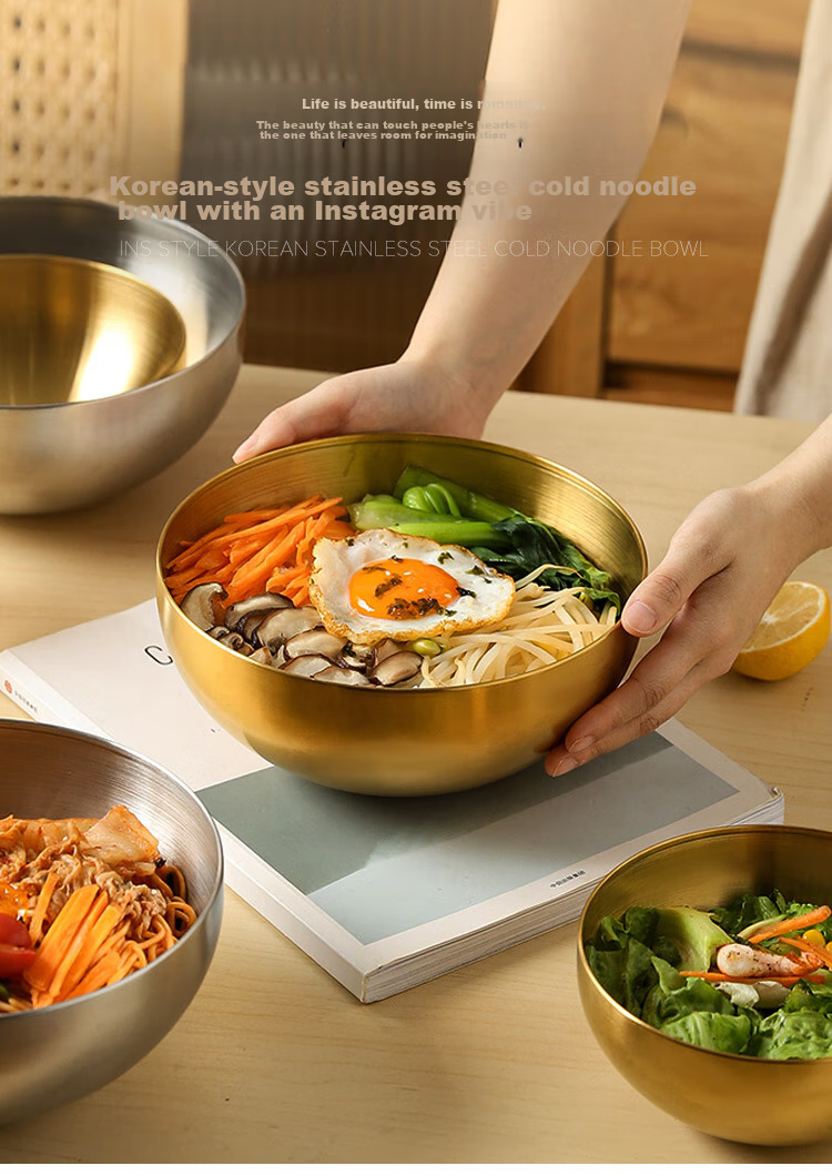 Quanshi Korean Stainless Steel Cold Noodle Bowl, 20cm Large Soup Bowl, Ramen Bowl, Korean Bibimbap Serving Bowl, Salad Bowl, Gold Color 1