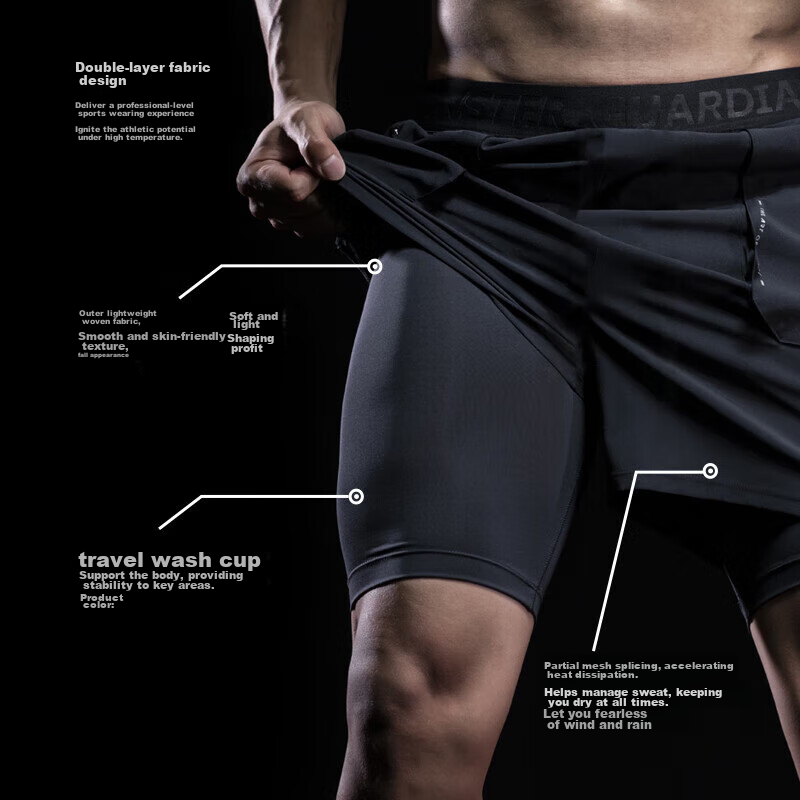 Monster Guardians Men's Sports Shorts with Double-Sided Lining for Summer, Marathon, Basketball, Outdoor Quick-Dry Athletic Pants, Black, Size M