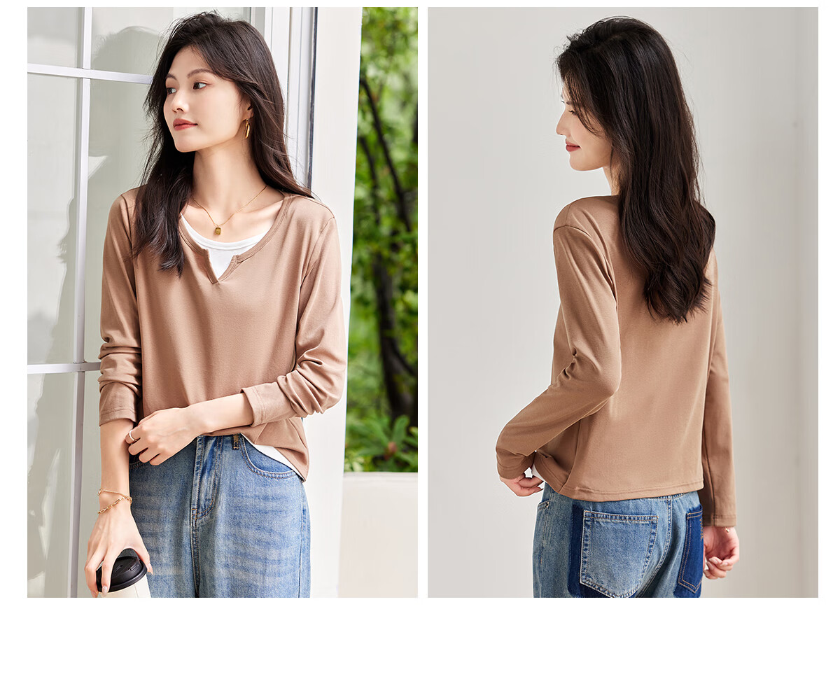 Taxiang Long-Sleeve T-Shirt for Women, Wilderness Maillard Small V-Neck Faux Two-Piece Top T-Shirt Spring Autumn Contrasting Color Base Shirt T143T2042 22