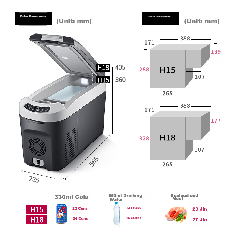 Yingdeer Car Refrigerator Compressor, 18L Upright Armrest Box, 12V/24V/220V, for Car And Home Use, Compatible with Sedans And MPVs, H18 Model