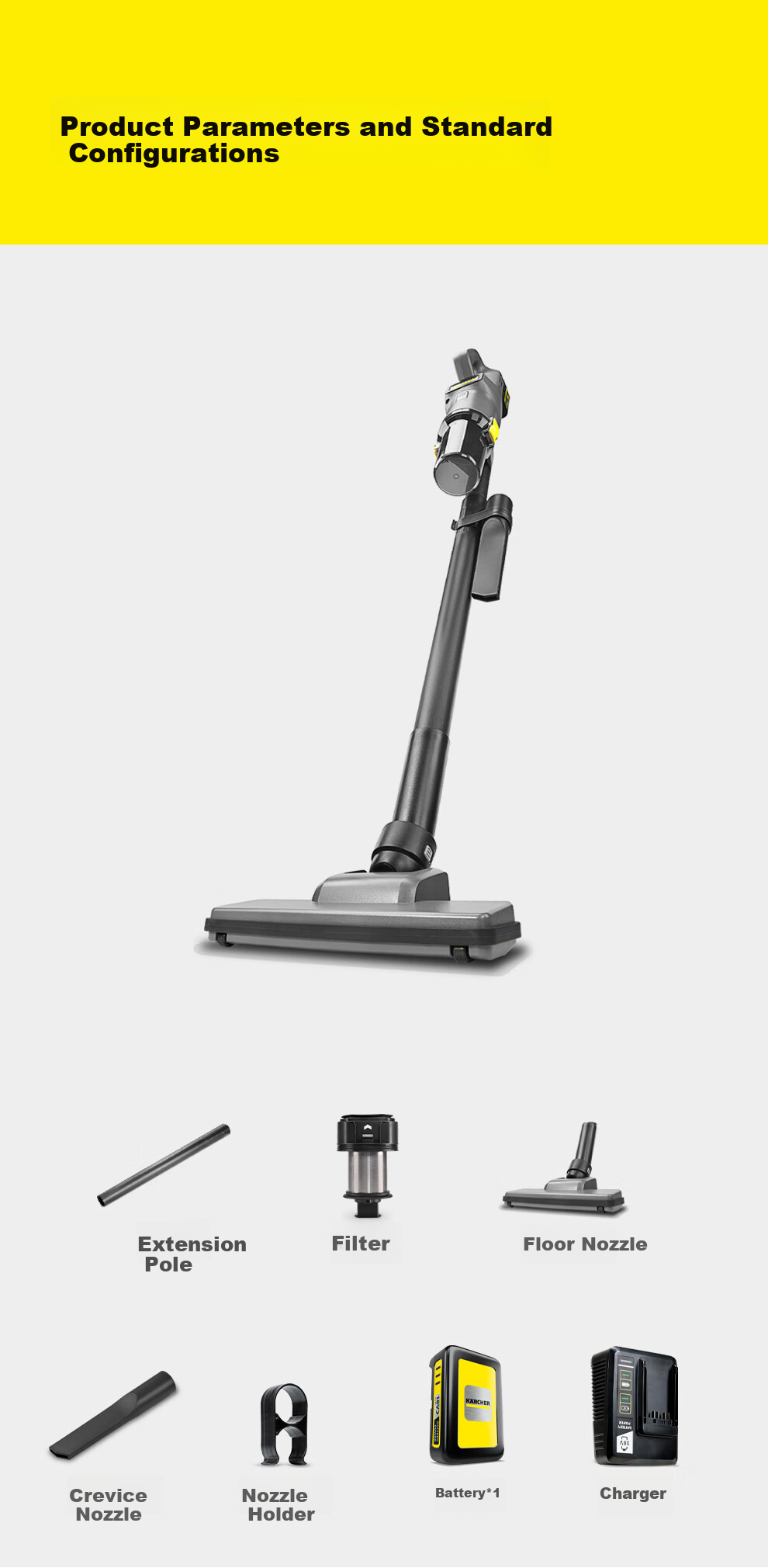 KARCHER German Cordless Vacuum Cleaner, Lithium Battery Handheld for Home And Commercial Use, Upright Design with Strong Suction Power, Suitable for Carpets, Pet Hair, Hotels, Office Buildings, And Cleaning Services, LVS1/1 BP 10