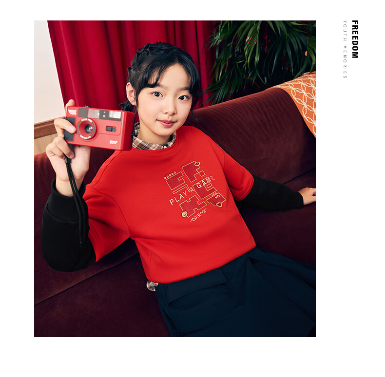 ERKE Kids Thickened Sweatshirt Boys and Girls Children's Round Neck Casual Top Oriental Red 150 13