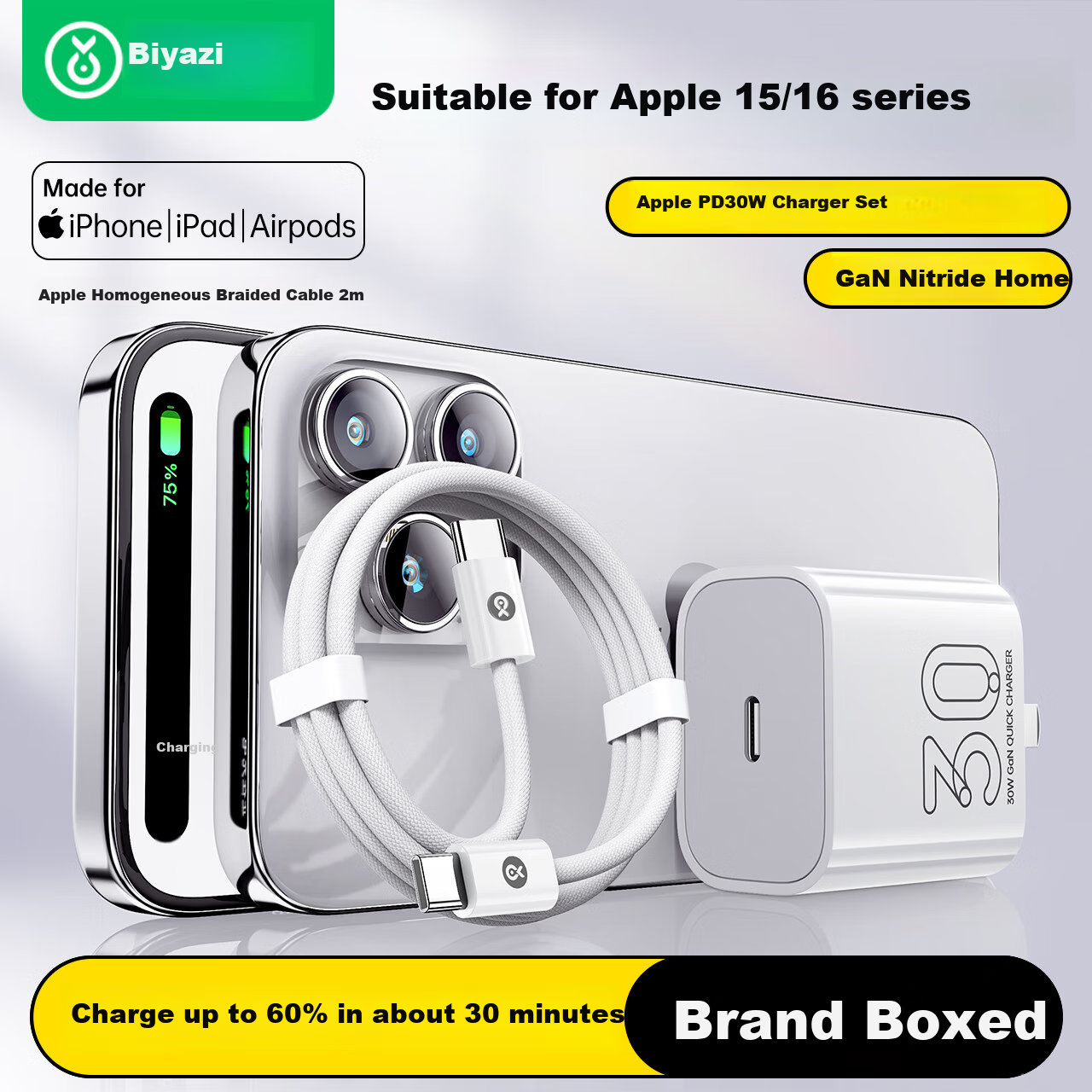 BIAZE 30W Gallium Nitride Compatible with Apple Charger, Type-C Data Cable 2-Meter Set, Fast Charging Head for IPhone 18/Duo 17/16/15 Pro Max, Huawei Phones, IPad Air
