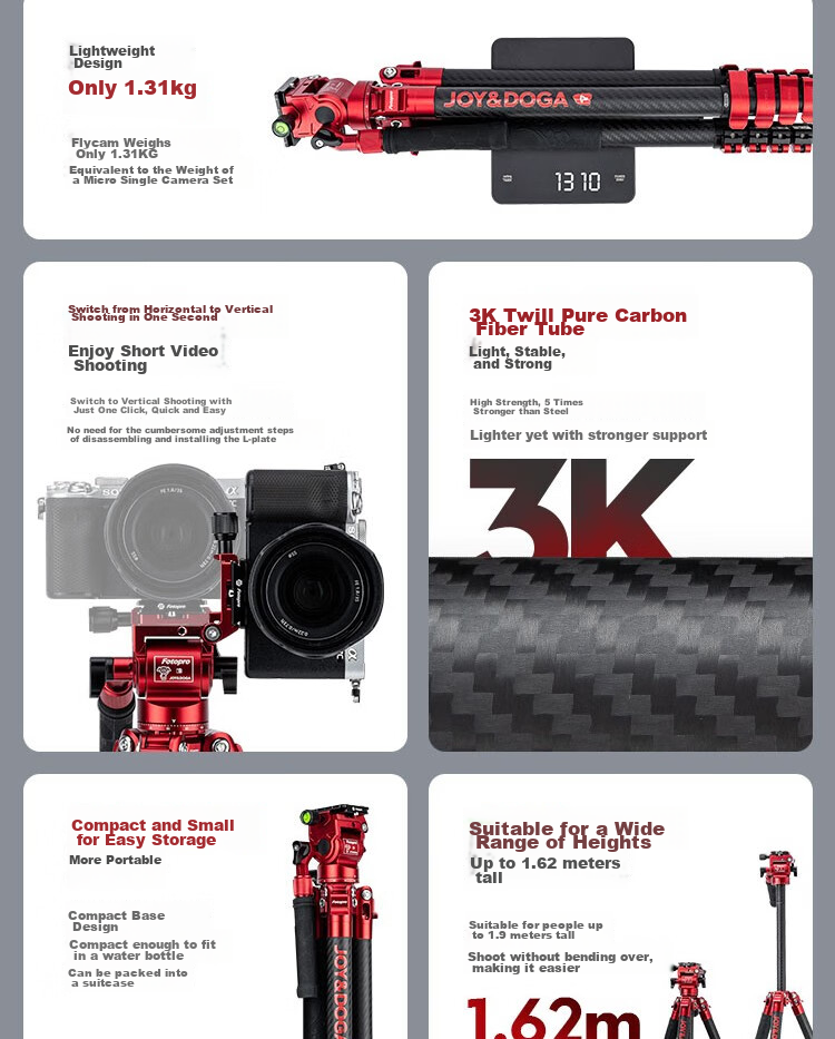 Fotopro X Joy Collaboration Edition, Flying One, Horizontal And Vertical Shooting Hydraulic Head, Carbon Fiber Camera Mirrorless Photography And Videography Tripod, Original Carbon Gray, Includes Phone Clamp 2