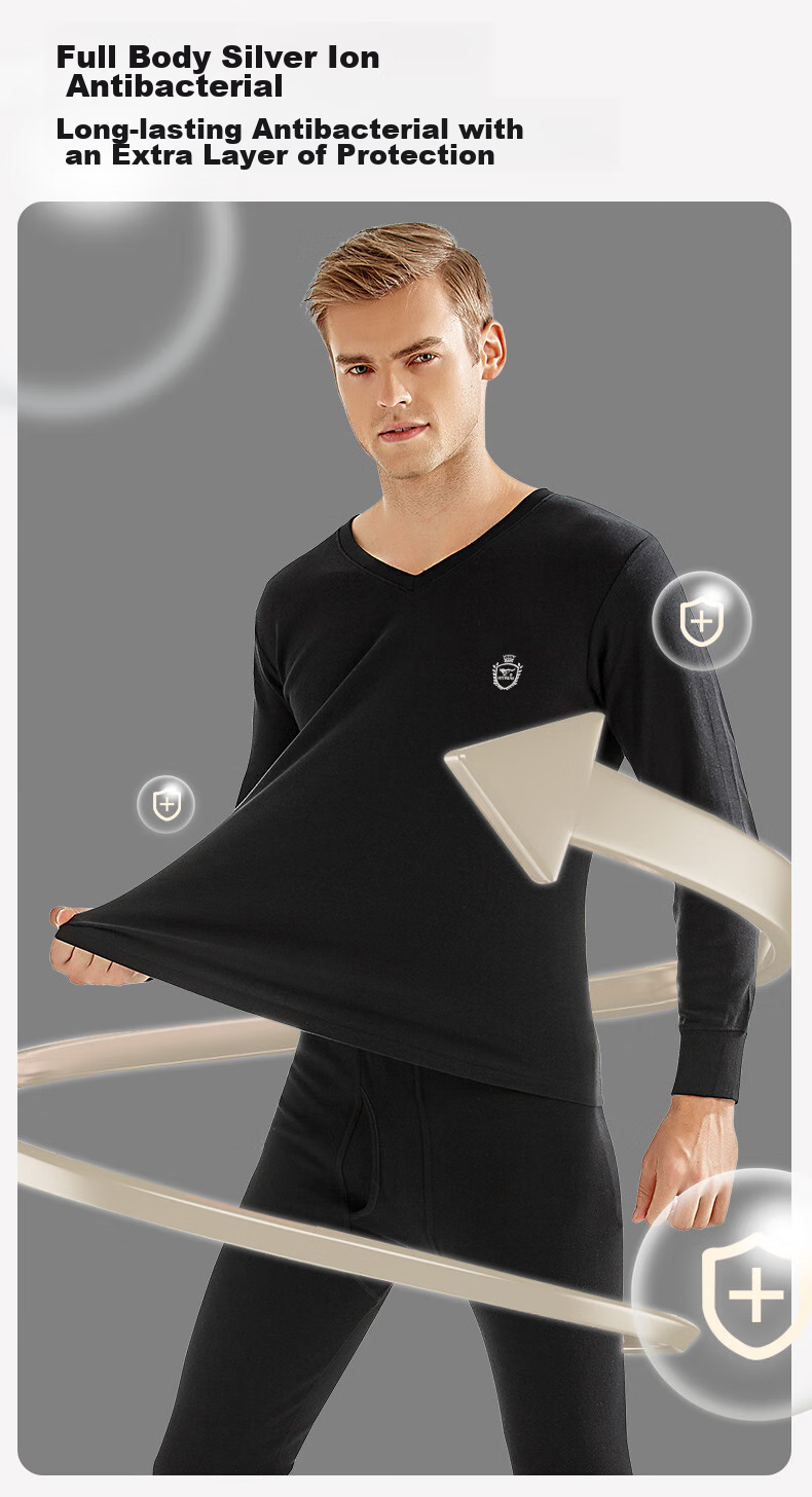 SEPTWOLVES [Antibacterial] Men's Autumn And Winter Thermal Underwear Set, Pure Cotton V-Neck Long Johns And Pants 8