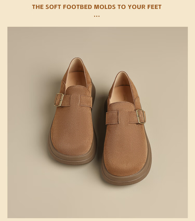 ZHR Thick-Soled Birkenstock-Style Shoes for Women, Retro Full-Coverage Round Toe Casual Women's Shoes, Lightweight Slip-On Flats JF202 Khaki 37 17