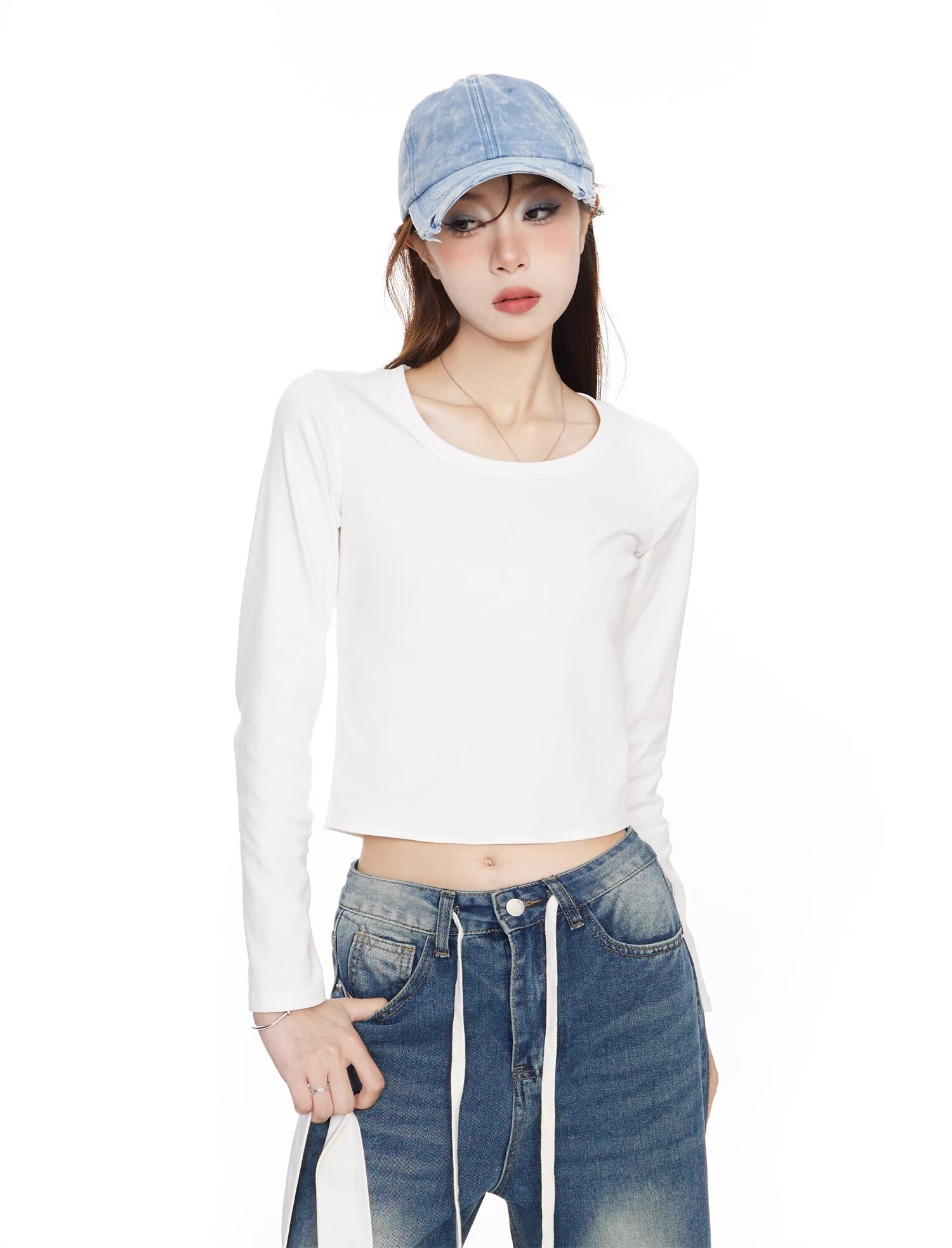NOME Long-Sleeve T-Shirt for Women, New Early Autumn Style, Hot Girl Inner Wear, Short High-Waist Top, White, XL 6