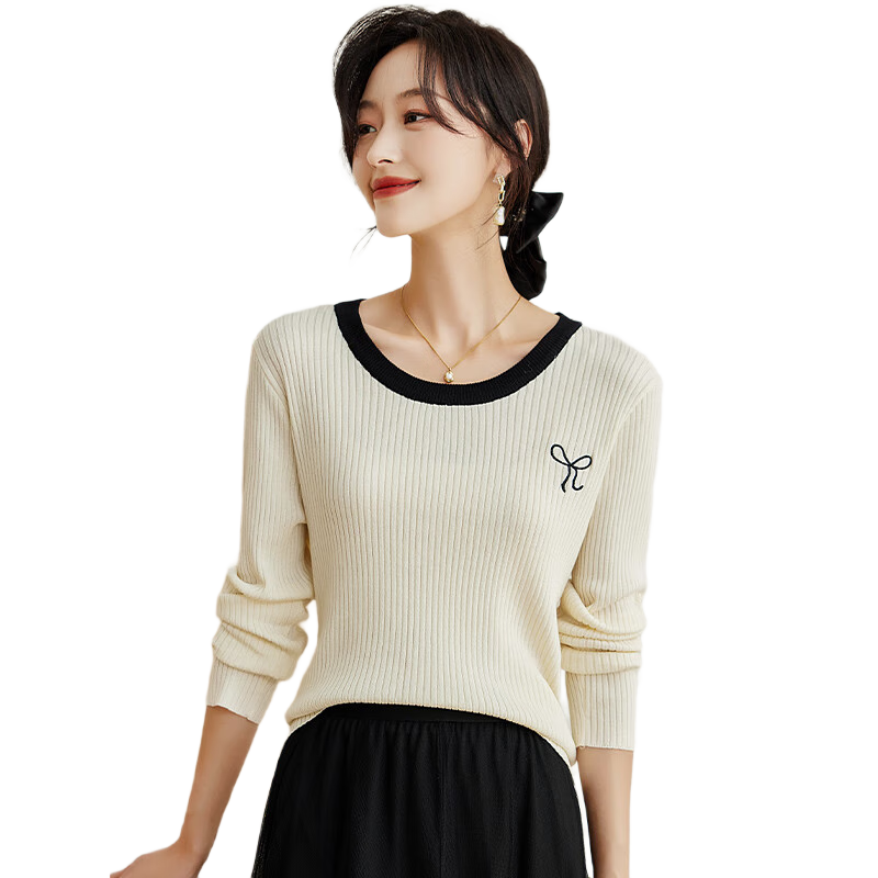 PinCai Women's Knit Sweater, Early Autumn Round Neck, Bow Embroidery Knit Top, Slim-Fit Base Layer Sweater P143Z3009