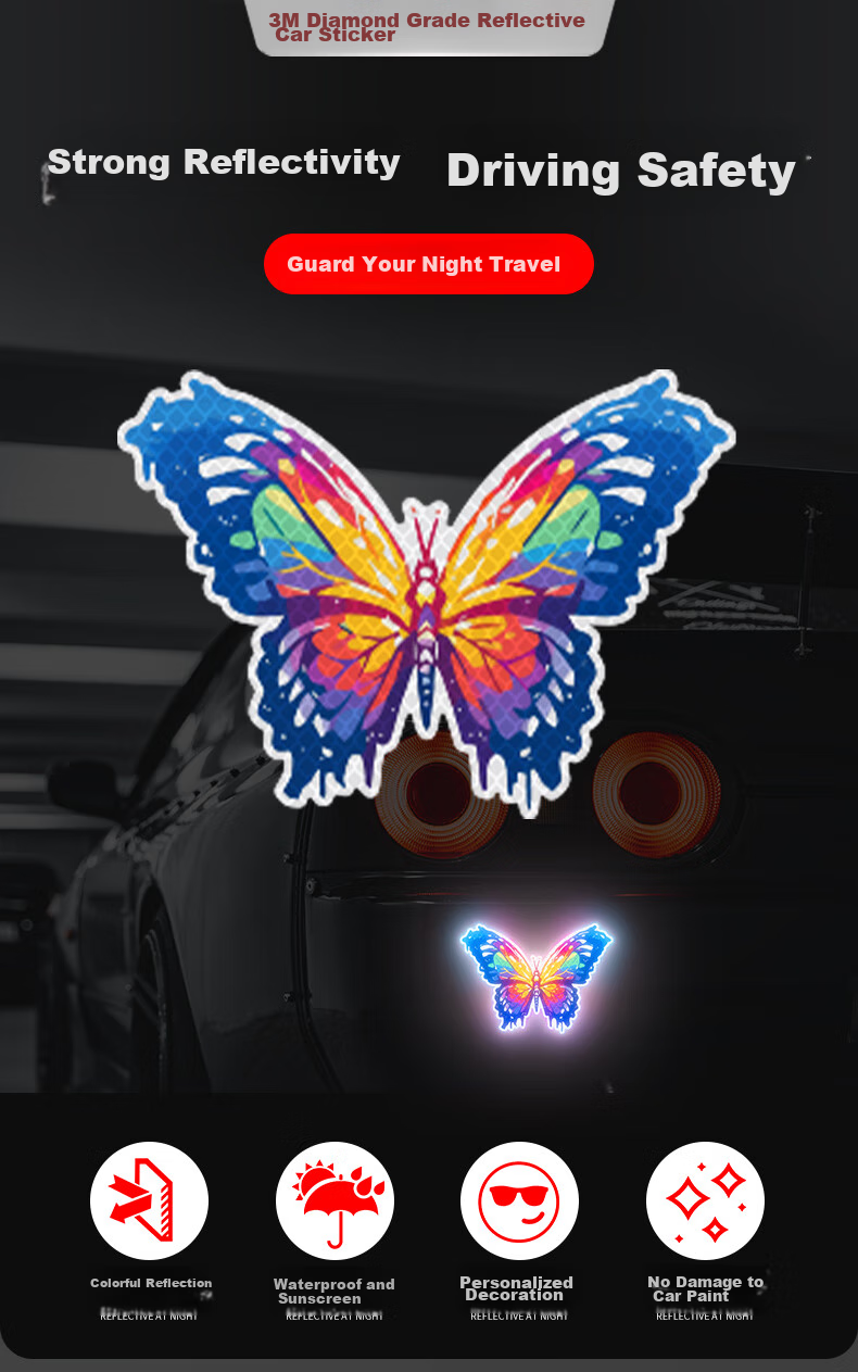 3M Reflective Sticker Warning Tape Label Glow-In Sticker for Electric Bikes, Motorcycles, Cars, Scratch Cover Diamond Grade - Graffiti Butterfly 12.7cm*9.2cm (1 Piece/bag) 1