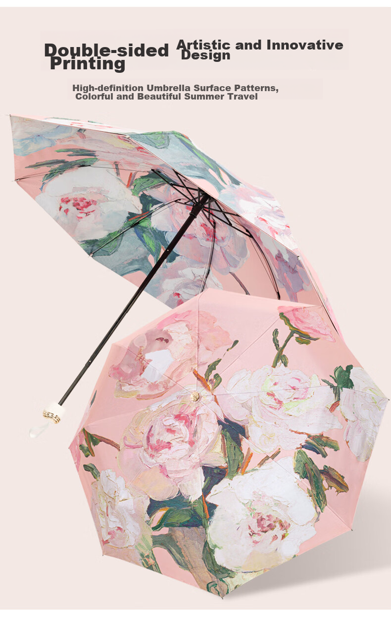 Bahainiao Double-Layer Sun Umbrella, UV Protection for Women, Manual Folding, Double-Sided Floral Reverse Umbrella, Double-Layer Sunshade [Pink Peony + Handbag] 4