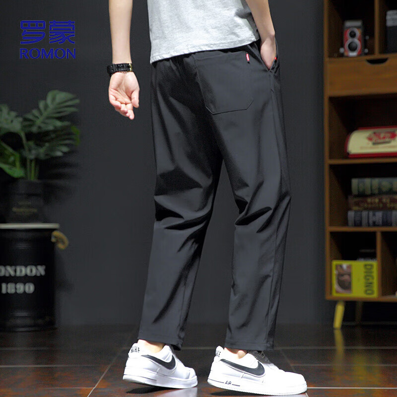 ROMON Men's Casual Pants Spring Summer Sports Breathable Comfortable Ice Silk Straight Leg Elastic Quick-Dry Pants Black M