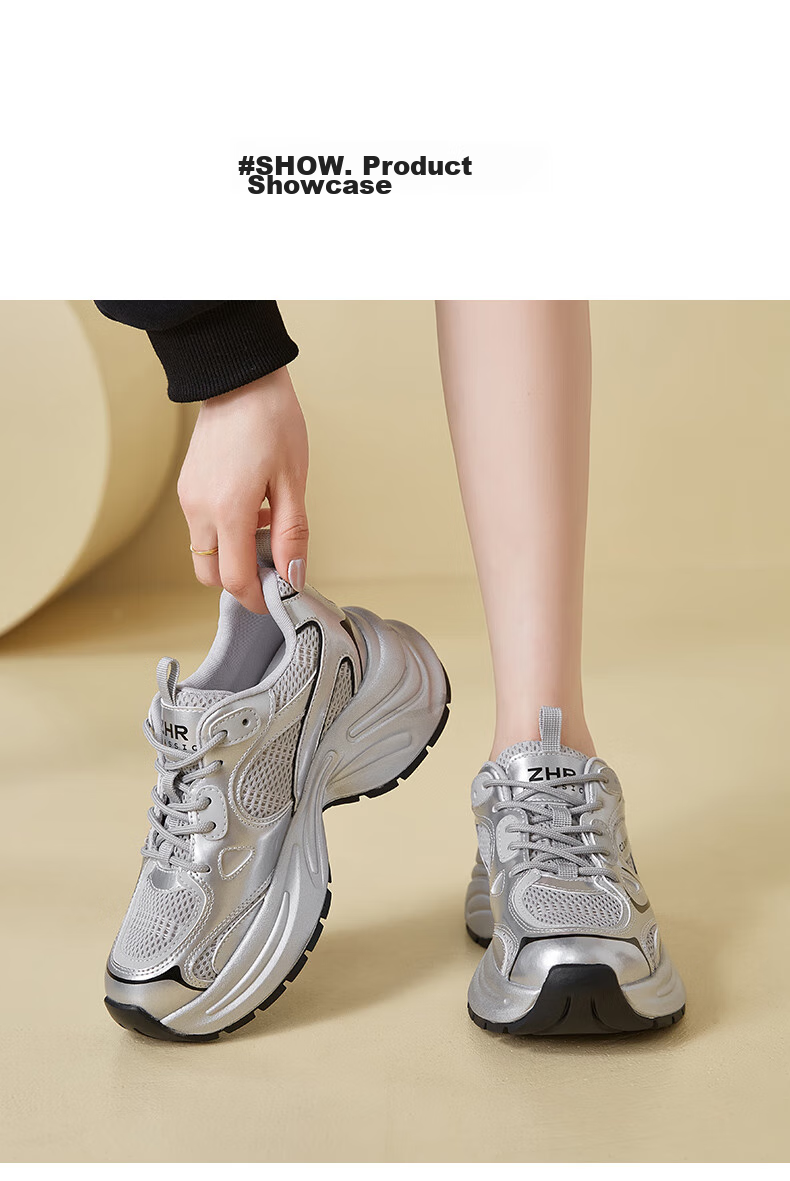 ZHR Dad Shoes for Women, Lightweight Soft Sole, Height-Increasing Casual Shoes, Sports Fashion Thick-Soled Women's Shoes, JT07, Silver Gray, Size 37 12