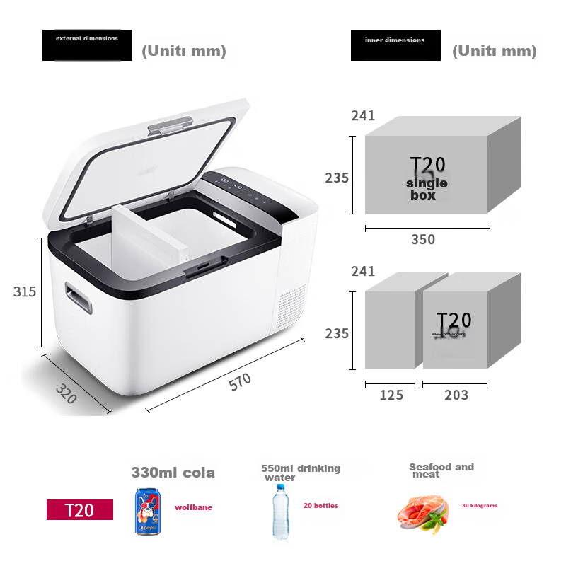 Yingdeer Car Refrigerator with Compressor, 20L Dual Temperature Dual Control Magic Partition, for Sedans, Car And Home Use, 12V/24V T20PRO