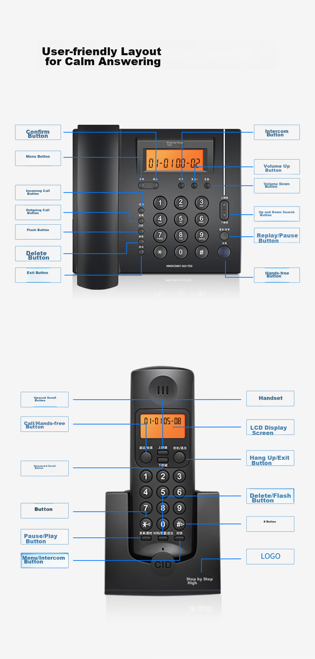 BBK Cordless Telephone, Wireless Landline Phone, Parent-Child Handset, for Office And Home Use, Internal Intercom, Long-Range Signal, W263 Jade White, One Base One Handset 16