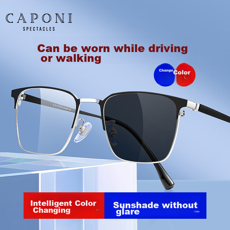 CAPONI Japanese Imported Photochromic Reading Glasses for Men, Smart Zoom Ultra-Light Semi-Rimless High-Definition Anti-Blue Light Pure Titanium Bifocal