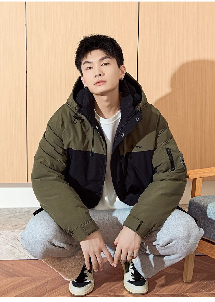 TonLion 2024 Men's Workwear Letter Embroidery Patchwork Hooded Cotton Jacket, Gray Lake Green, L 7