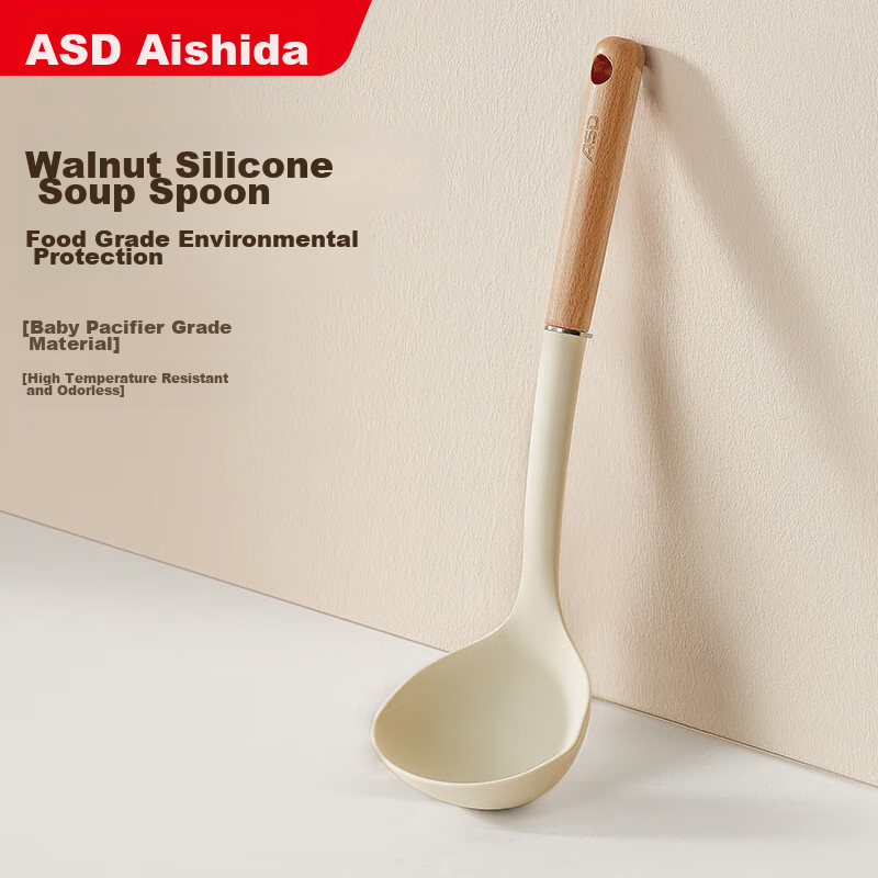 ASD Soup Ladle, Thickened Silicone Soup Spoon, Hot Pot Protective Spoon, Heat-Resistant High-Temperature Handle, Milk White Color
