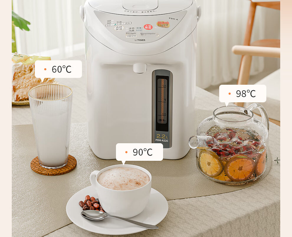 TIGER Electric Kettle, Smart Timer with 3 Temperature Settings, Anti-Drip Electric Kettle PDH-A22C 2.2L Electric Kettle Camel Color CU 6
