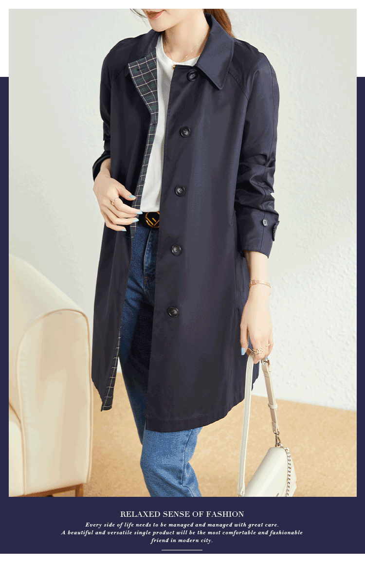 AOTUN British Style Women's Mid-Length Trench Coat Korean Version Slim Straight Jacket AT2359 Navy XXL 18