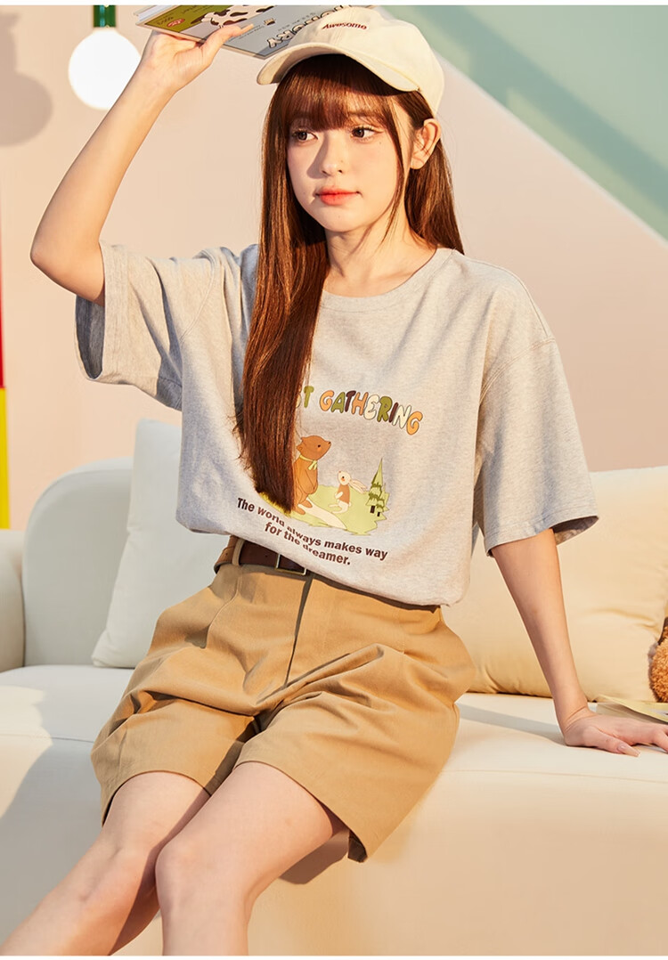 TonLion 2025 Women's Front Print Short Sleeve T-Shirt Light Heather Gray S 7