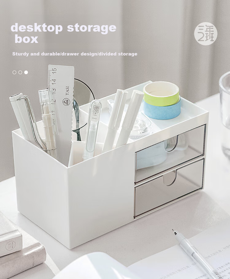 Sannianerban Simple Desktop Pen Holder Storage Box, Large Capacity Transparent Drawer Desk Ornament, Multifunctional Student Stationery Box Pencil Case, Ivory White Large Size 1