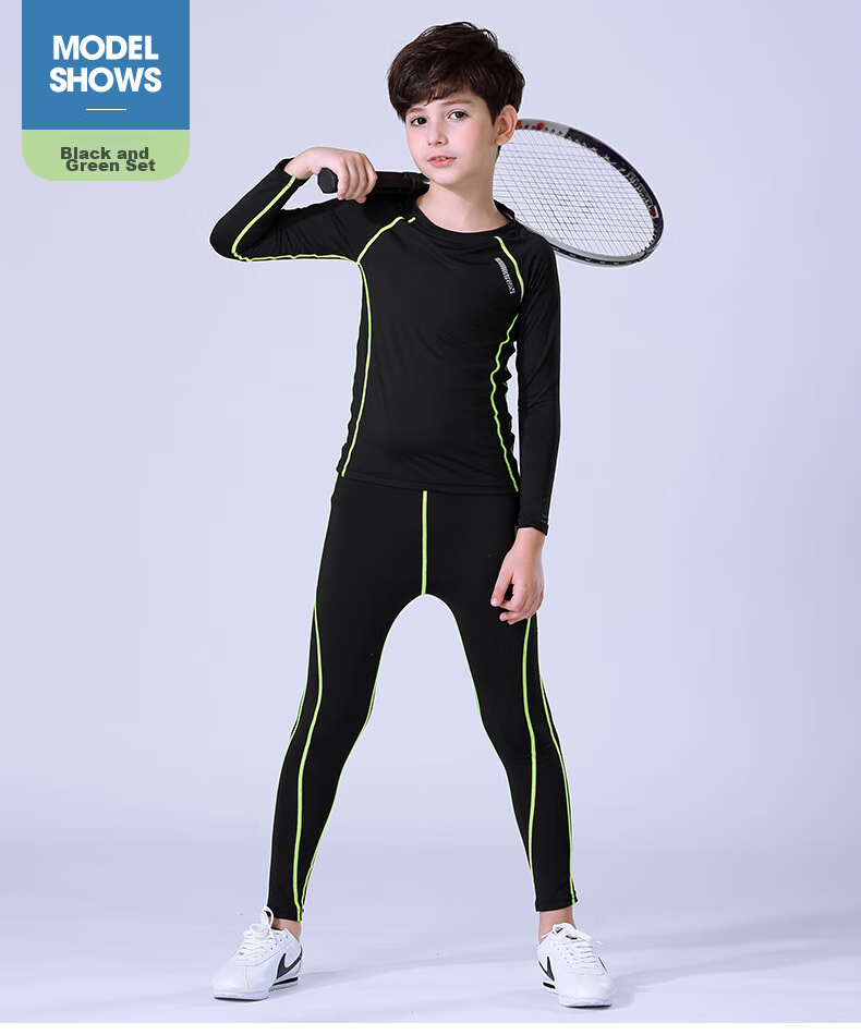 BURUITE Children's Quick-Dry Sportswear Set, Basketball And Soccer Training Fitness Wear, Tight-Fitting Shirt for Boys, Running, Skiing, Badminton Outfit 9