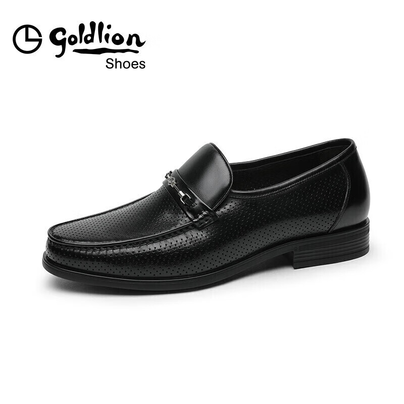 Goldlion Men's Shoes, Fashionable And Stylish Perforated Loafers, Comfortable Slip-On Business Casual Shoes, 57122018301A, Black, Size 42
