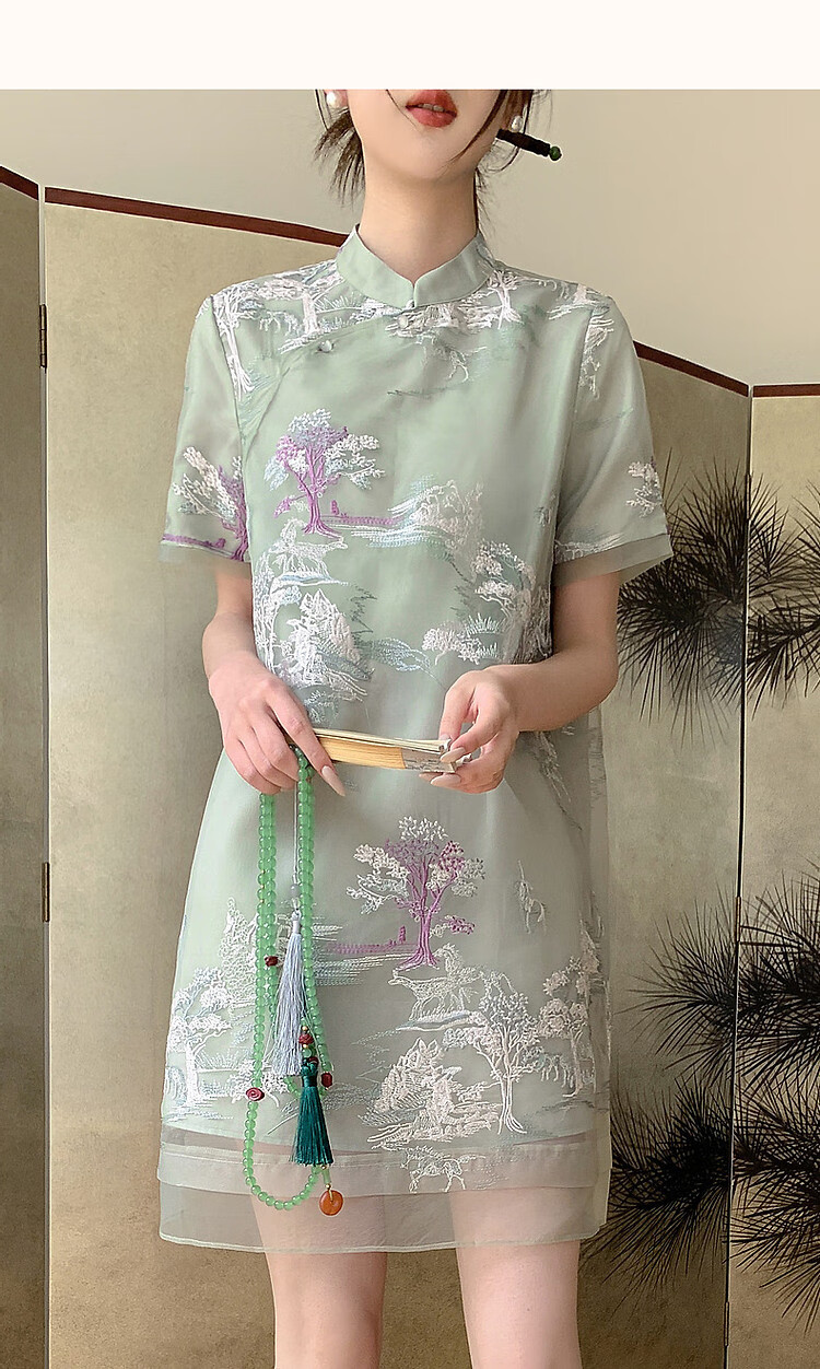 Dme [Banshixi Mingyue] Summer Chinese-Style New Light-Weight Faux Tencel Embroidered Comfortable Concealing Semi-High Collar Dress 13