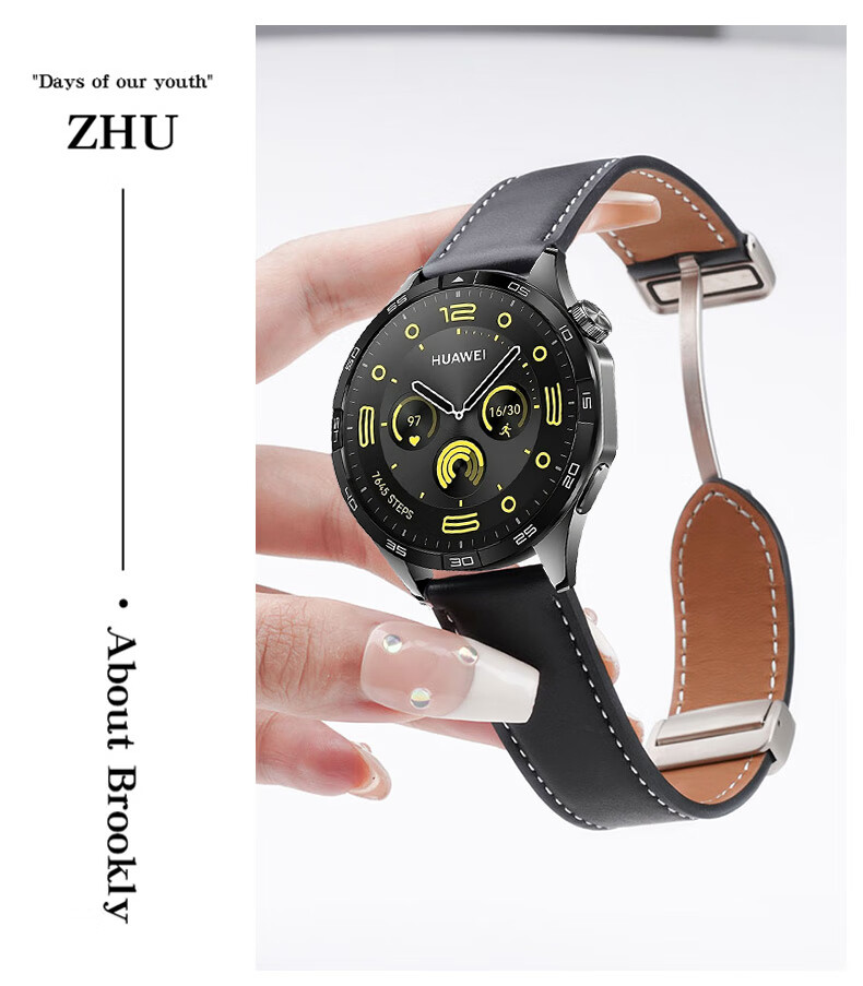 Watchbond Leather Watch Strap Compatible with Huawei Watch 5/GT6, GT6 Pro, GT5, GT4, 5 Pro, Runner 2, Magnetic Buckle, No Hole Folding Clasp, Smart Sports 22mm Wristband 9