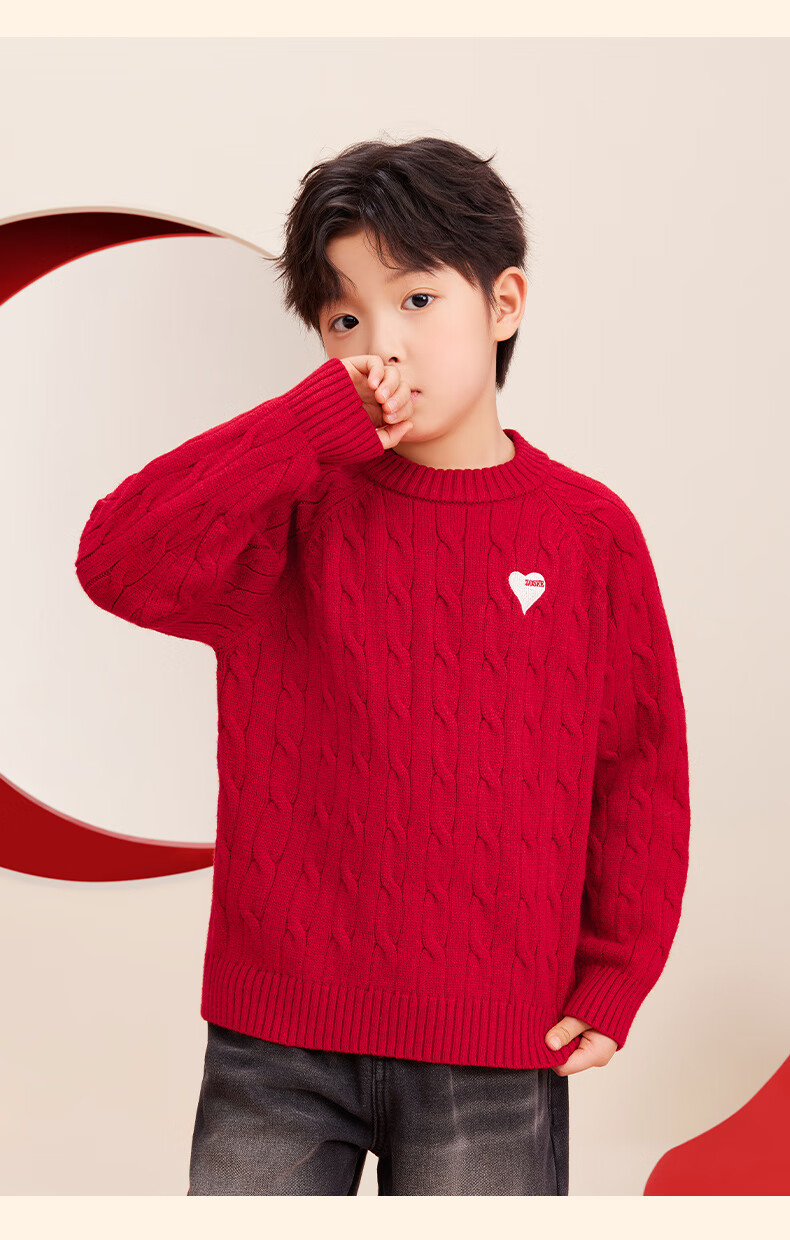 Zuoxi Boys' Red Sweater, Children's Thick Knit Pullover, 2025 New Style Boys' New Year Outfit, Winter Clothing, White, Size 140 16