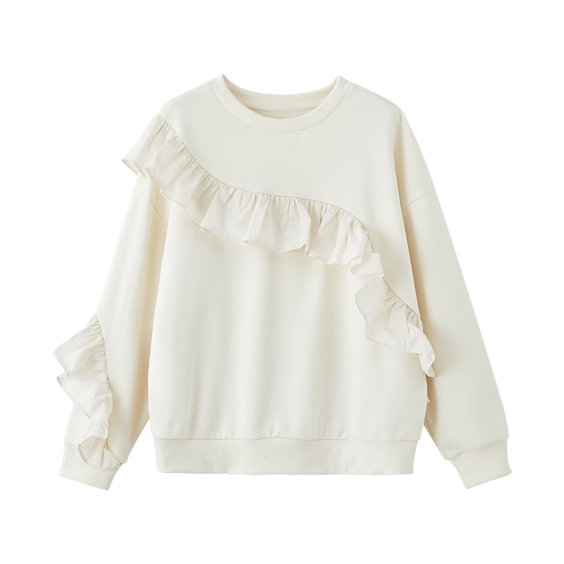 Dme [French Romantic Lace Trim] Spring And Autumn Round Neck Cotton Long Sleeve Slightly Stretchy Loose Elegant Sweatshirt Women's Top