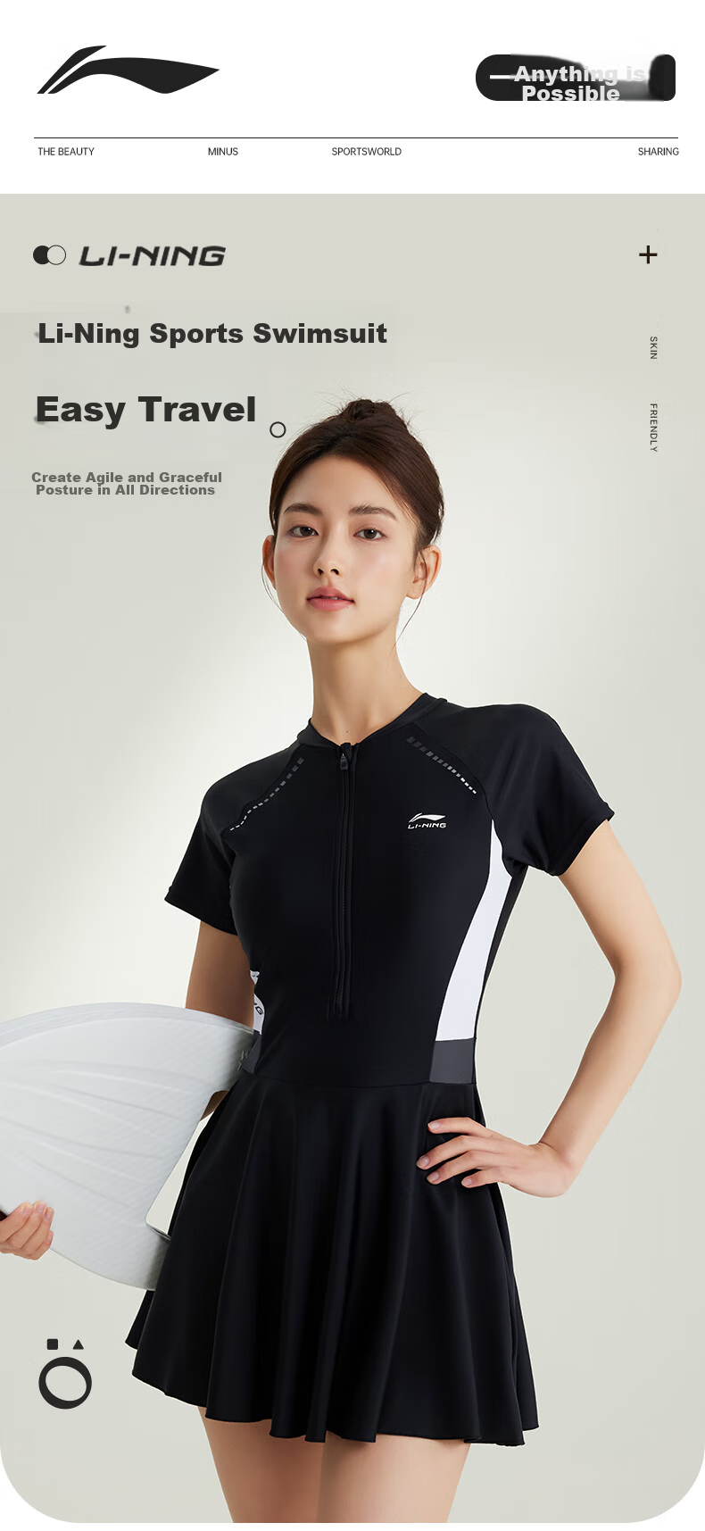 Li-Ning One-Piece Swimsuit for Women, Dress-Style Swimwear, Tummy Control, Slimming, Chlorine-Resistant, Quick-Drying, Water Play, Vacation Swimwear, 546 Black, Size M 1