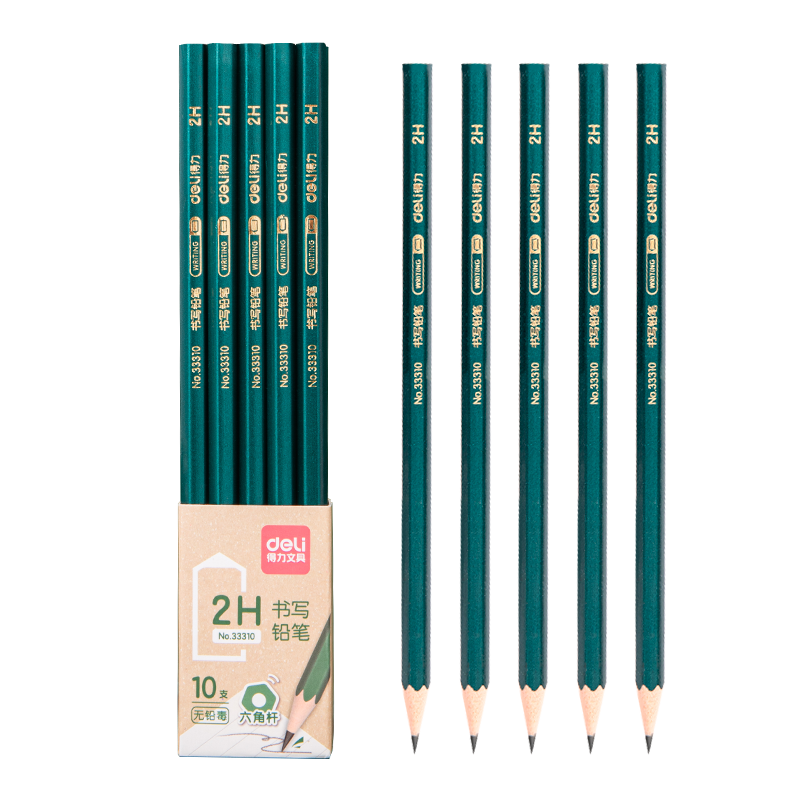 Deli Classic Green Handle 10-Pack 2H Pencils, Hexagonal Shaft Sketching Drawing Student Writing Pencils, Gift for Students Back to School Stationery