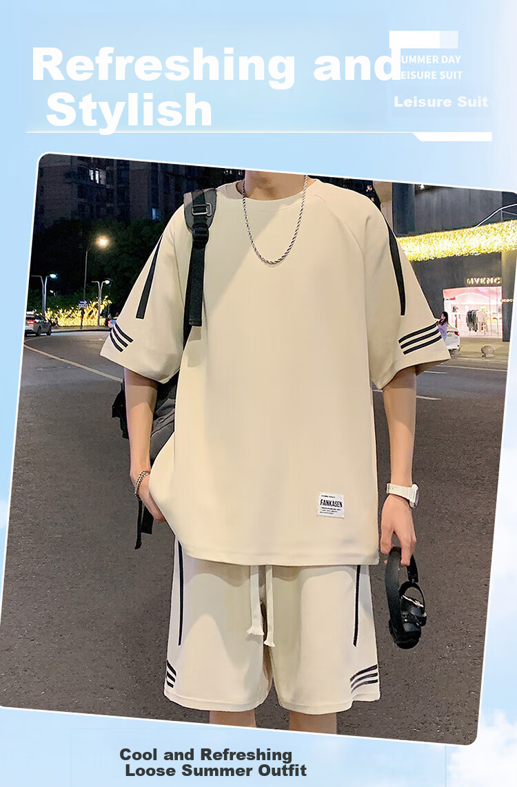 Zuofeili Casual Sports Set for Men, Summer New Style Youth Loose Ice Silk Short-Sleeve T-Shirt And Shorts, Complete Men's Outfit 1